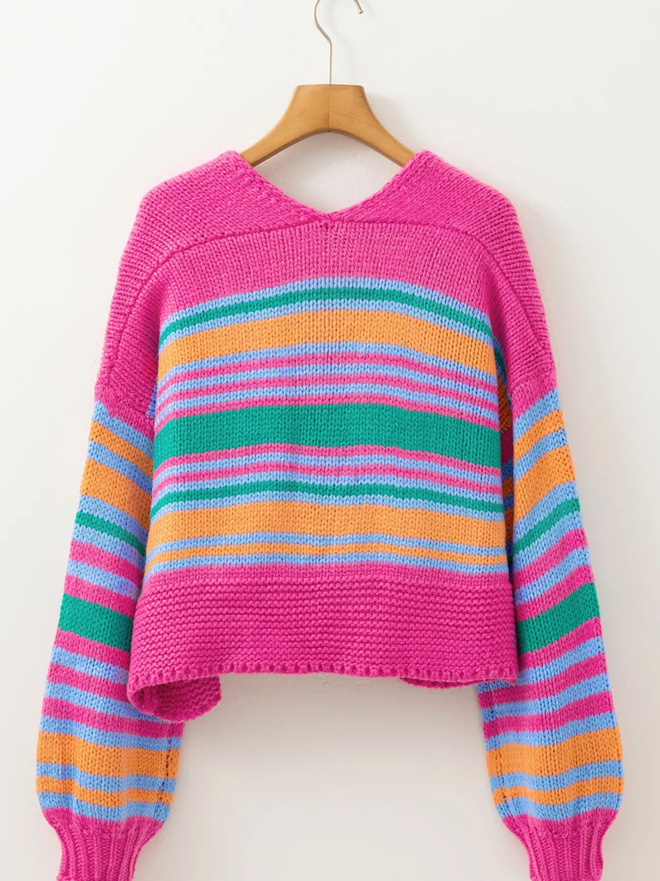 Stripe Colorful Puff Sleeve Drop Shoulder Loose Cardigan.