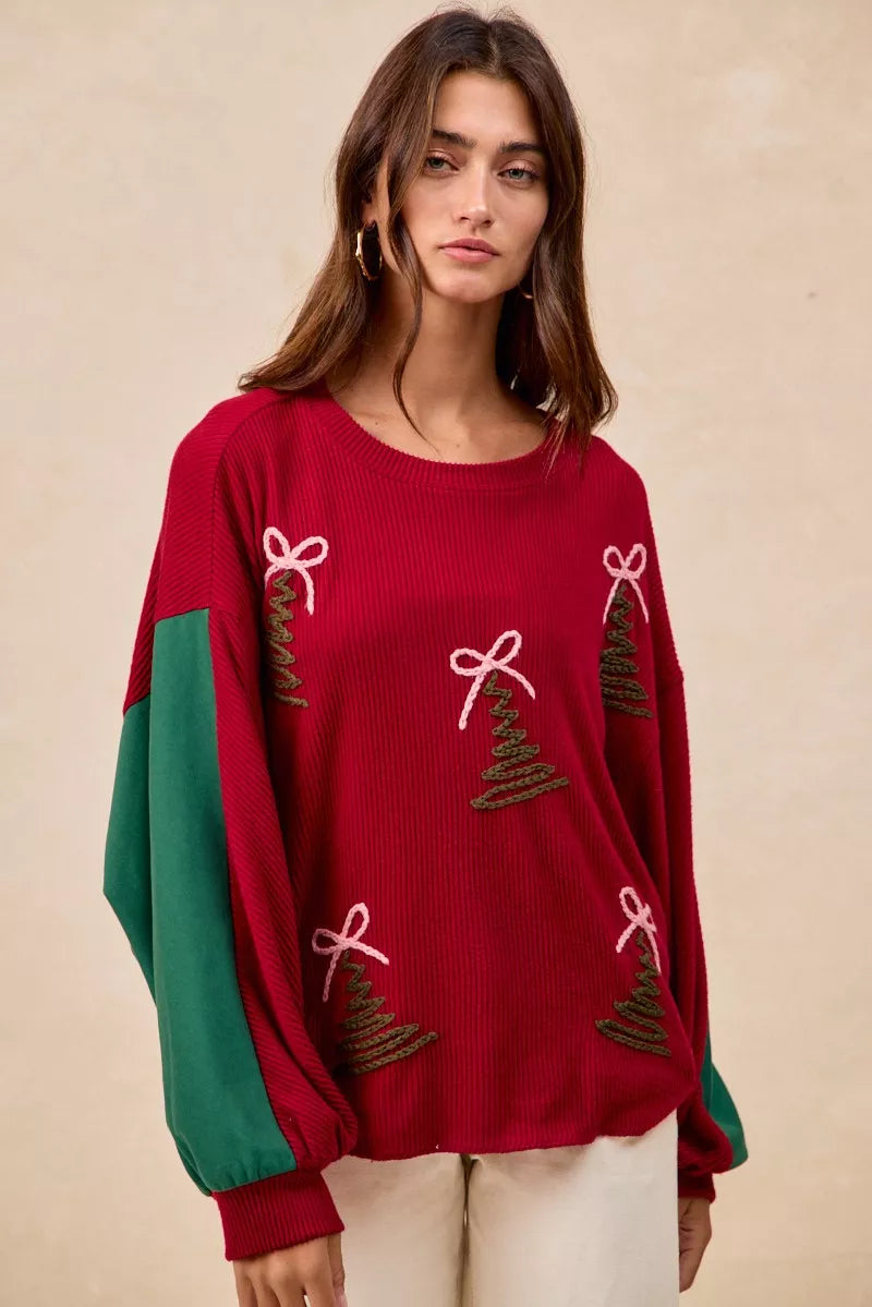Christmas Theme Tree Embroidered Sweater.
