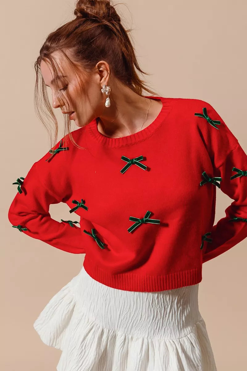 Ribbon Bow Appliqué Holiday Sweater.