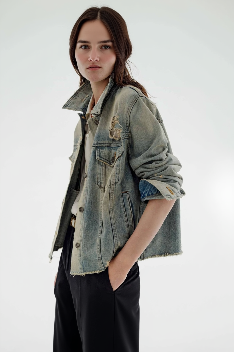 Distressed Wash Button Up Denim Jacket