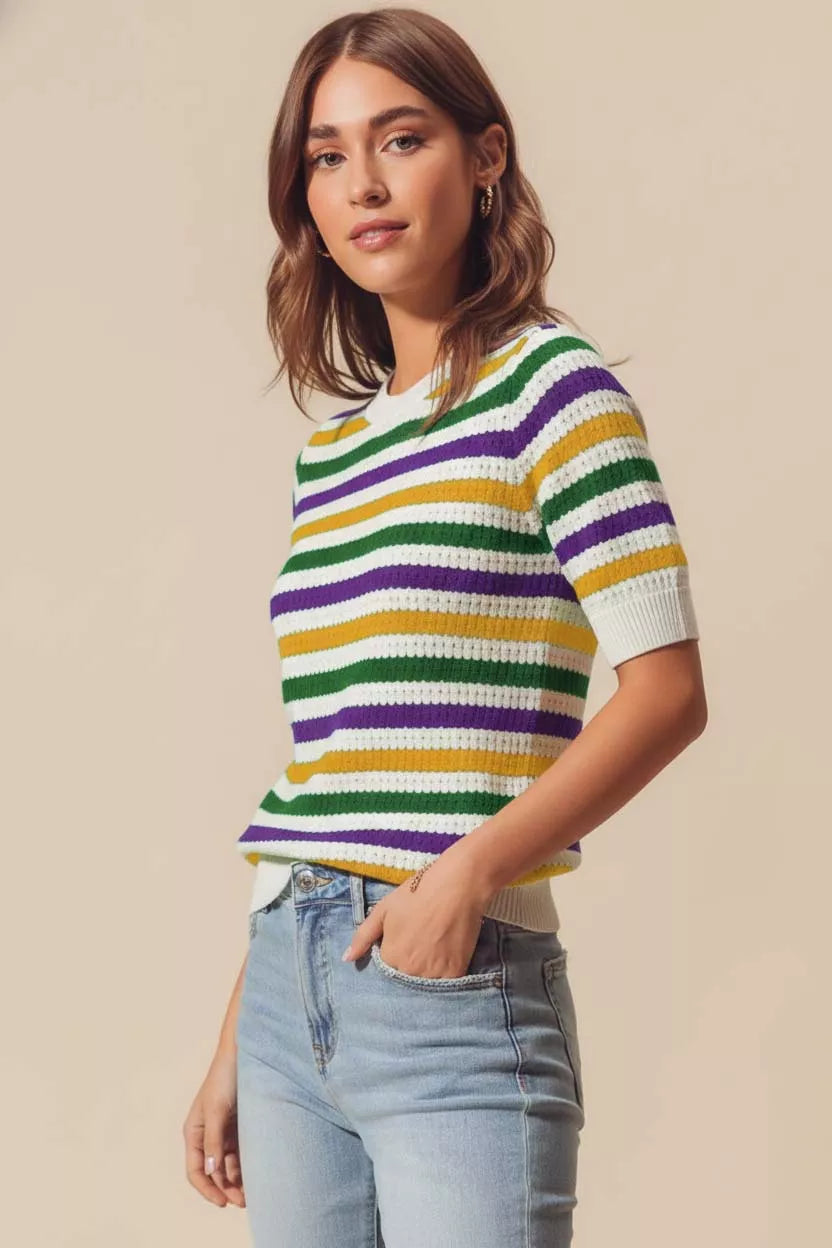 Mardi Gras Crew Neck Stripe Breathable Sweater.