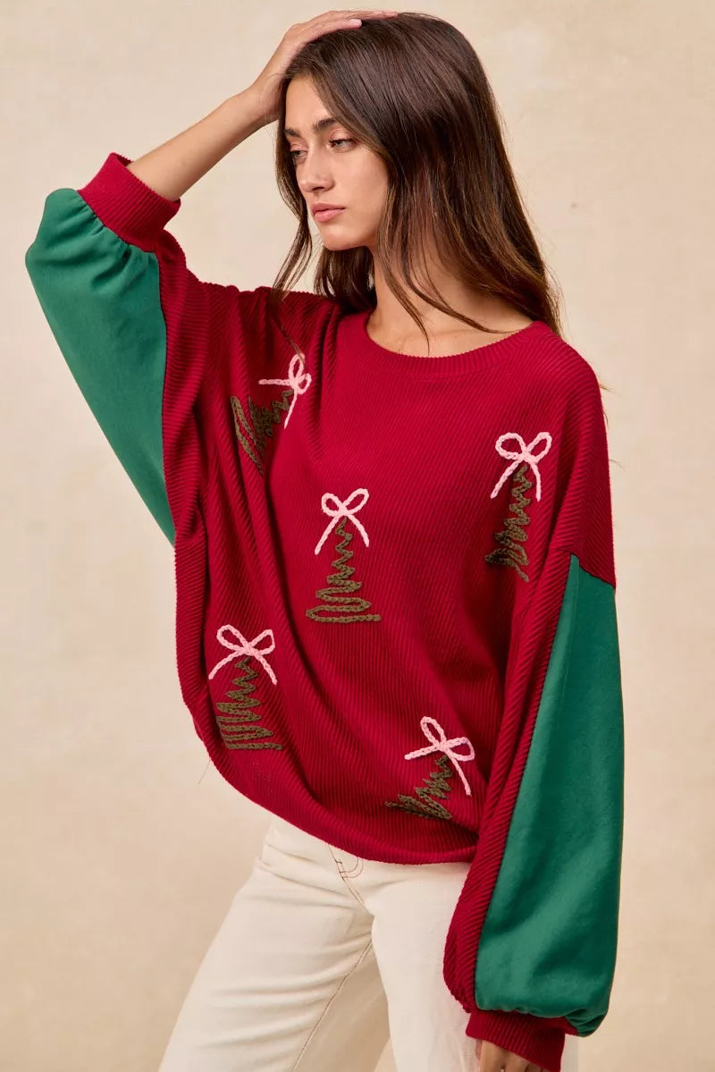 Christmas Theme Tree Embroidered Sweater.