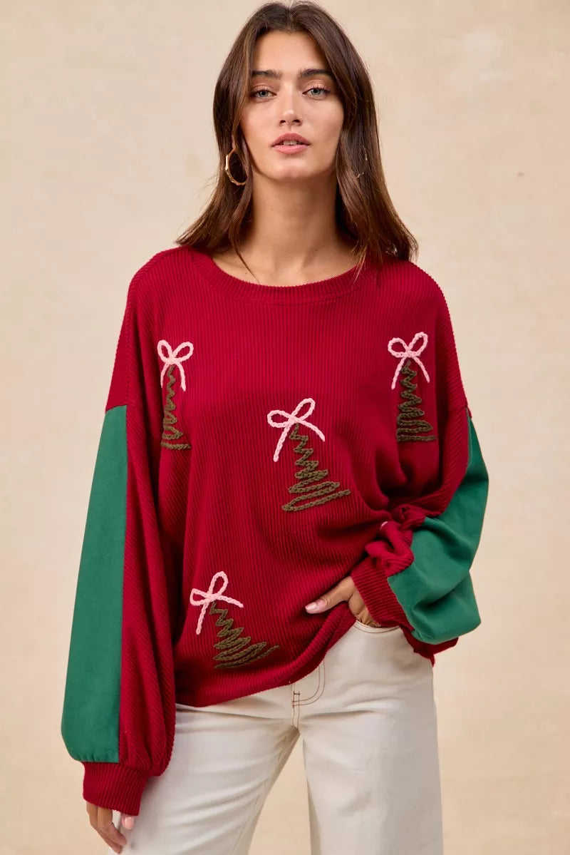 Christmas Theme Tree Embroidered Sweater.