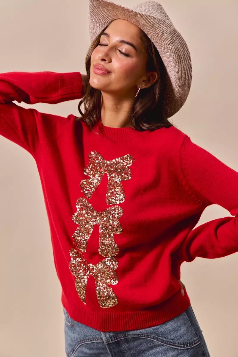 Sequins Bow Ribbon Embellished Christmas Sweater.
