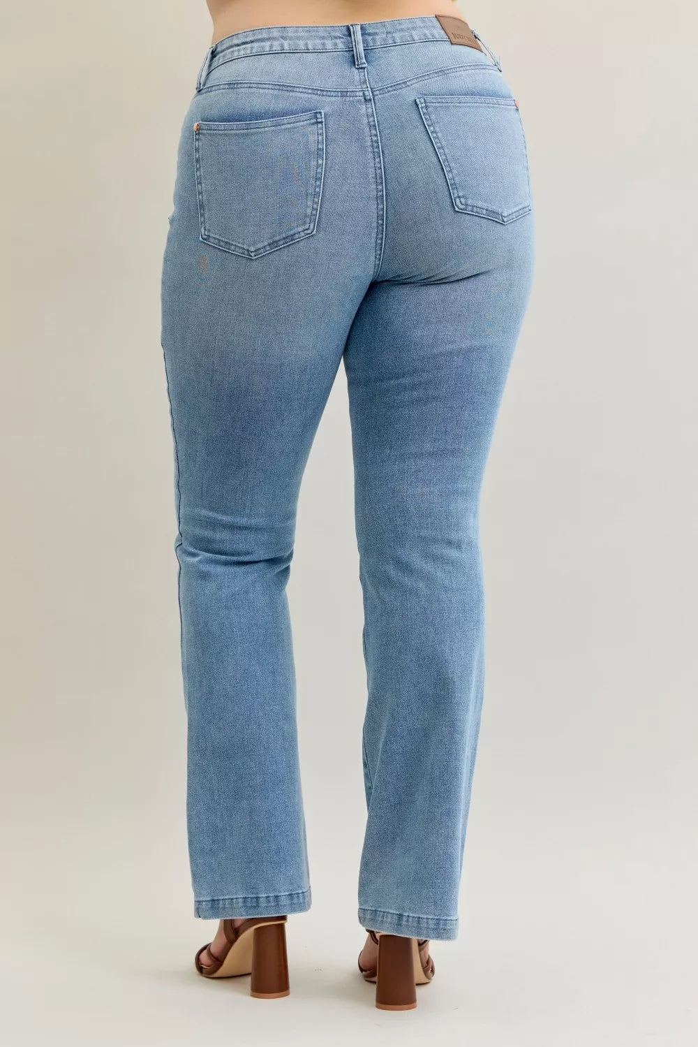 Judy Blue Full Size Mid Rise Bootcut Jeans with Contrast Wash & Front Patch Pockets Plus Size.