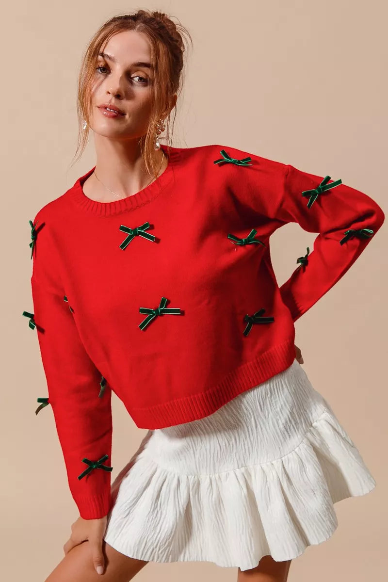 Ribbon Bow Appliqué Holiday Sweater.