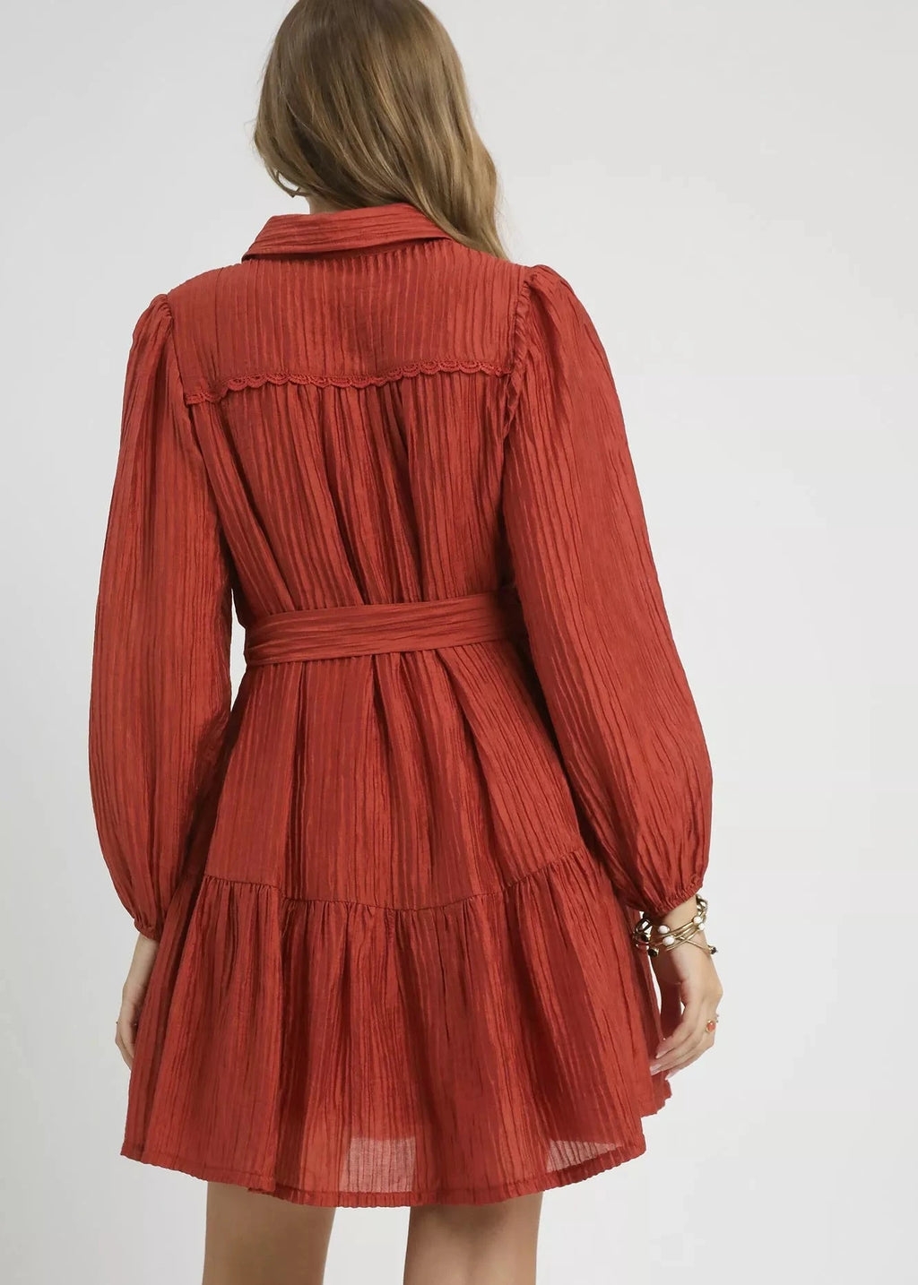 Crinkle Button-Front Tiered Mini Dress with Waist Tie.