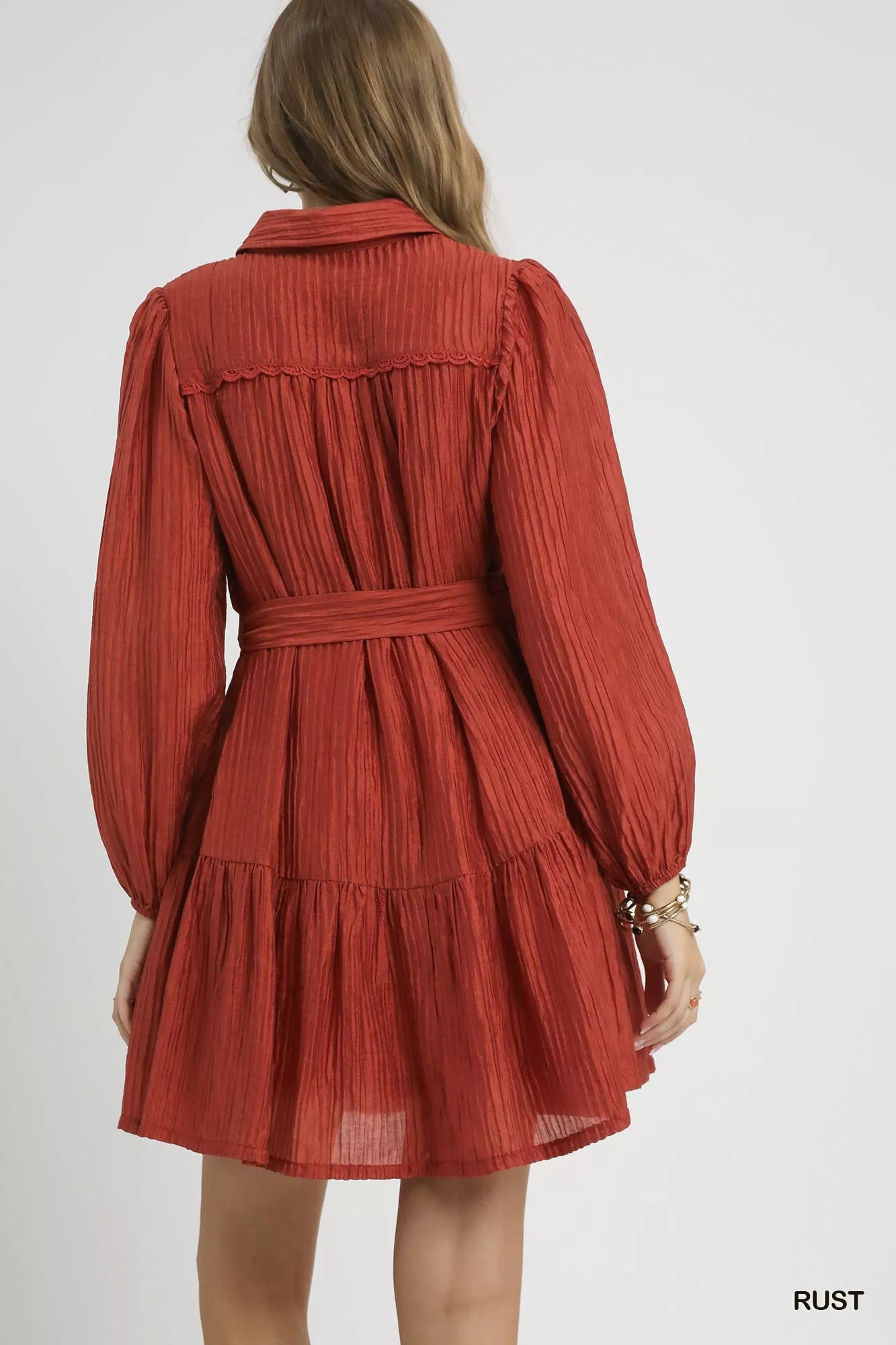 Crinkle Button-Front Tiered Mini Dress with Waist Tie.