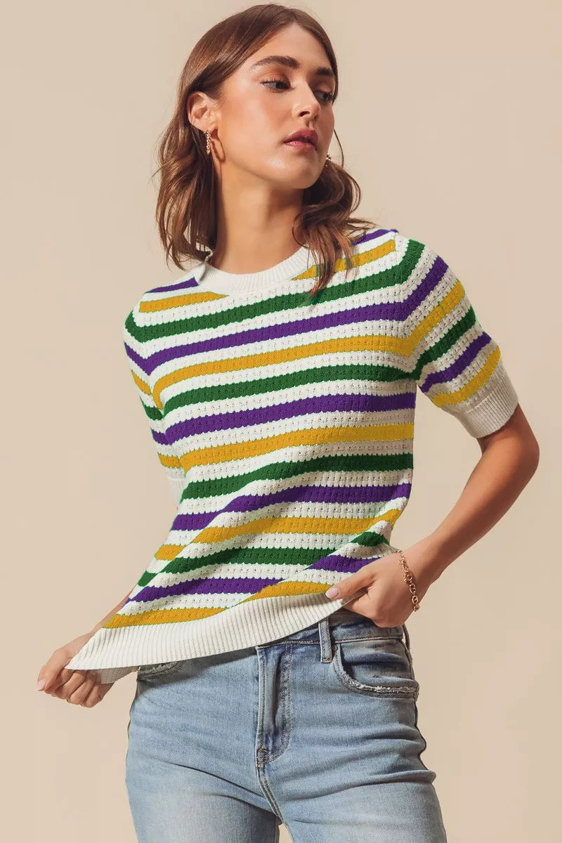 Mardi Gras Crew Neck Stripe Breathable Sweater.