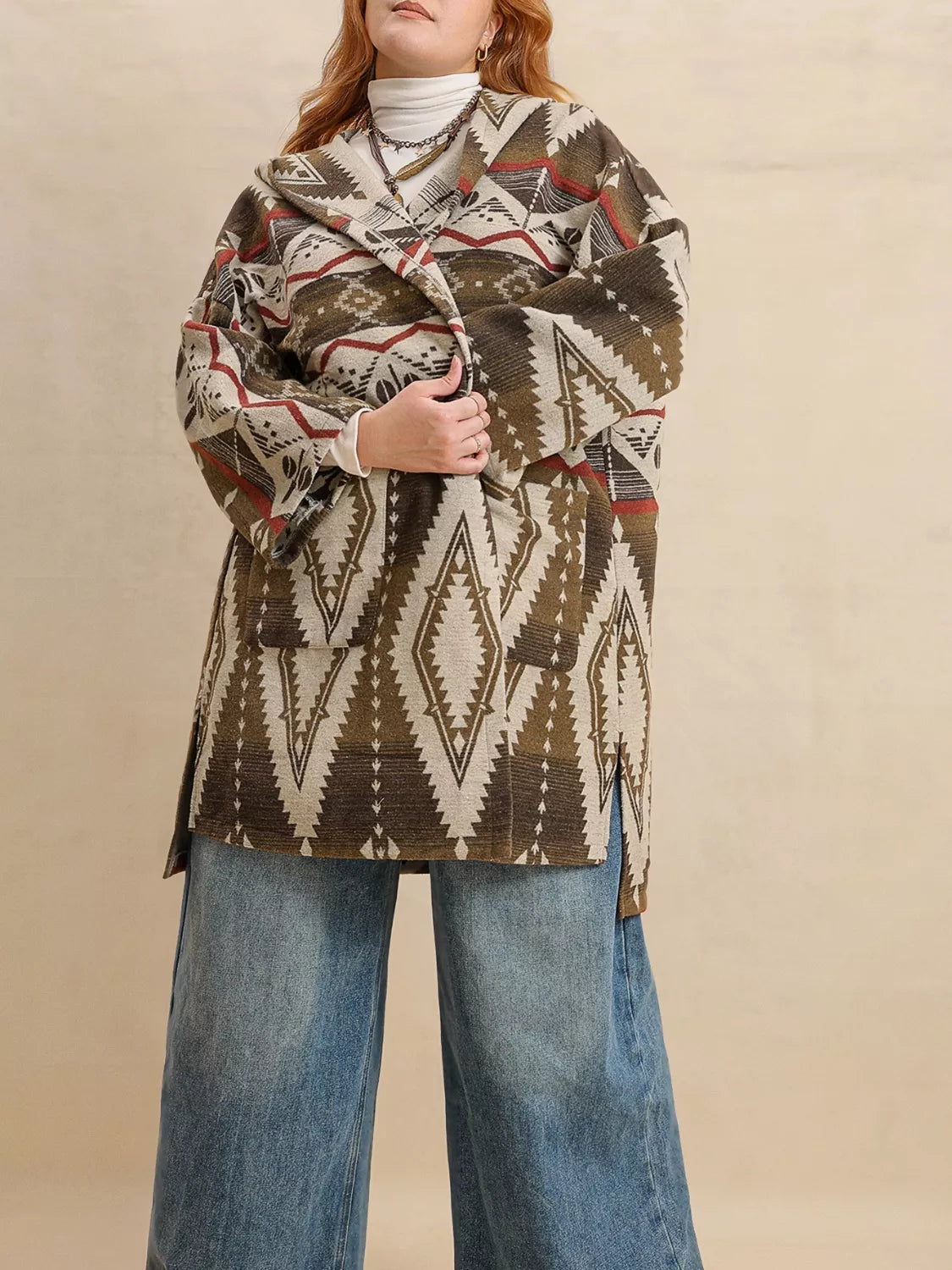 Plus Size Aztec Print Hooded Open Front Cardigan.