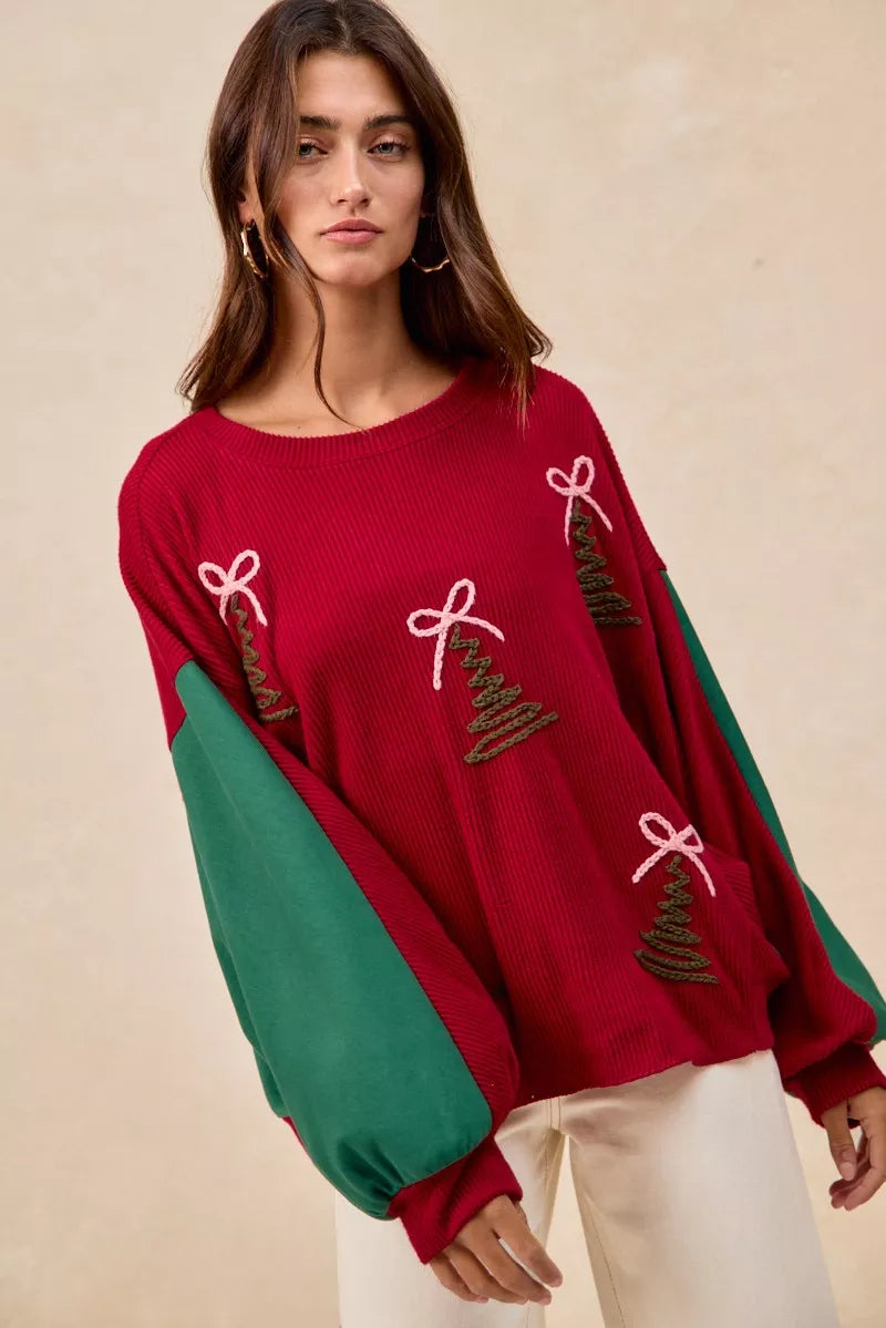Christmas Theme Tree Embroidered Sweater.