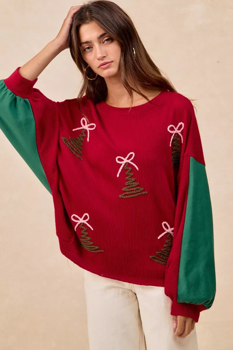 Christmas Theme Tree Embroidered Sweater.