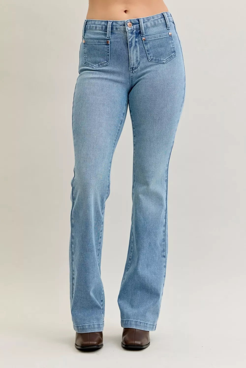 Judy Blue Full Size Mid Rise Bootcut Jeans with Contrast Wash & Front Patch Pockets Plus Size.