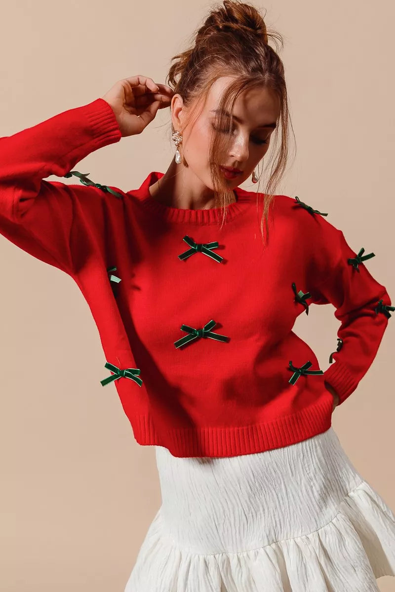 Ribbon Bow Appliqué Holiday Sweater.