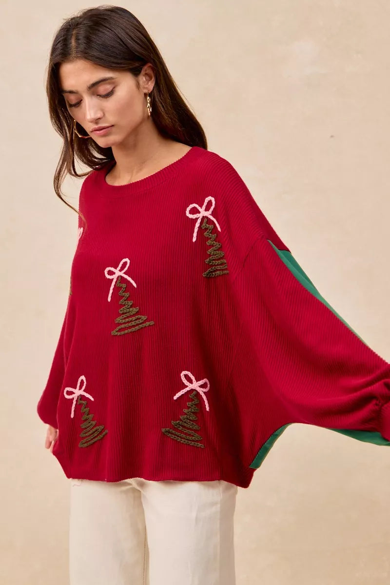 Christmas Theme Tree Embroidered Sweater.