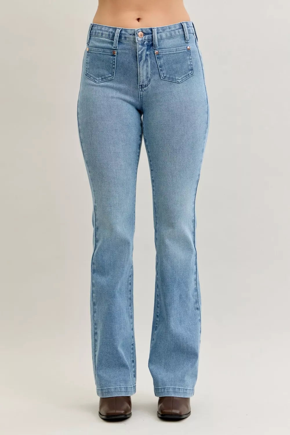 Judy Blue Full Size Mid Rise Bootcut Jeans with Contrast Wash & Front Patch Pockets Plus Size.