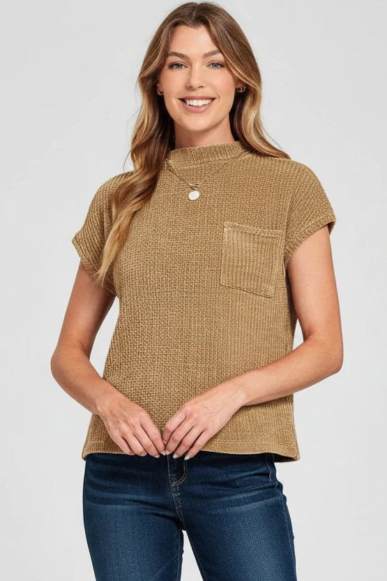Chenille Waffle Short Sleeve Sweater.