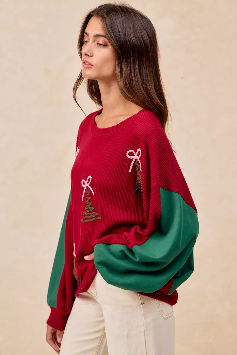 Christmas Theme Tree Embroidered Sweater.