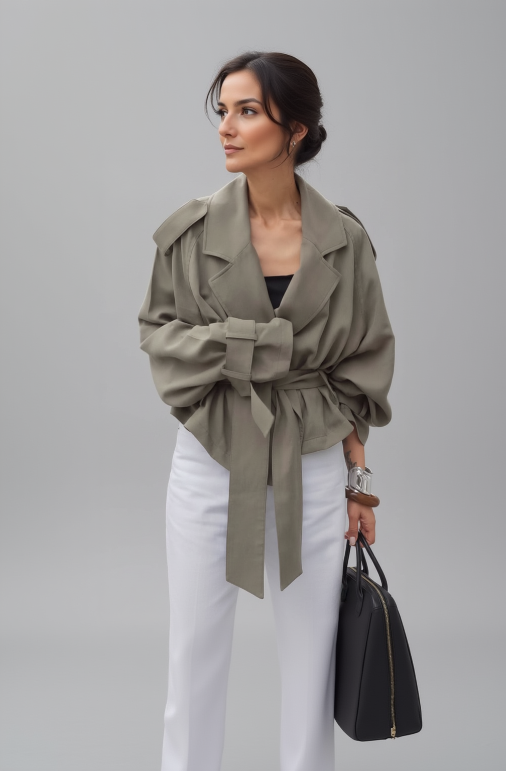 Lapel Collar Tie Waist Trench Jacket