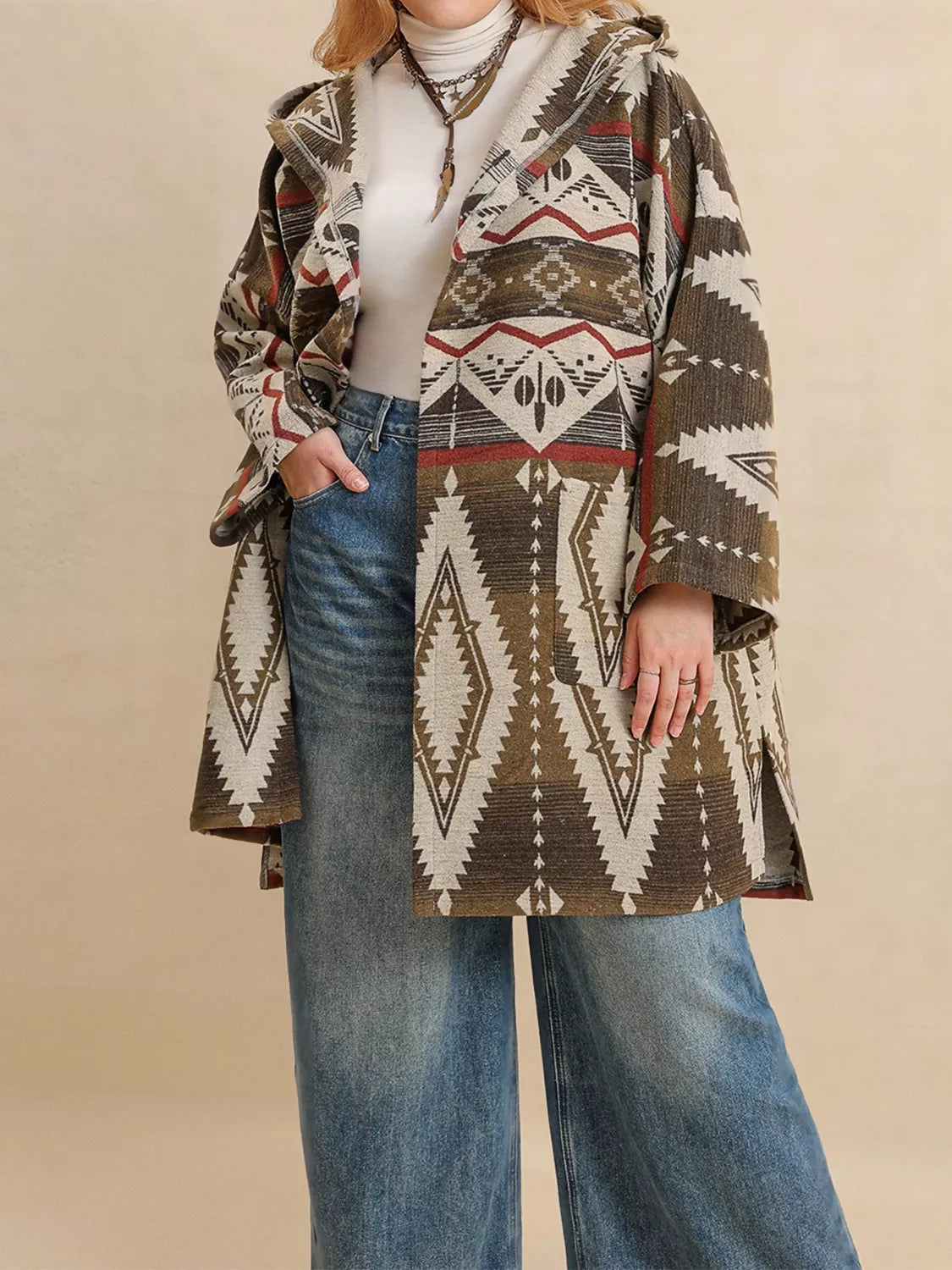 Plus Size Aztec Print Hooded Open Front Cardigan.