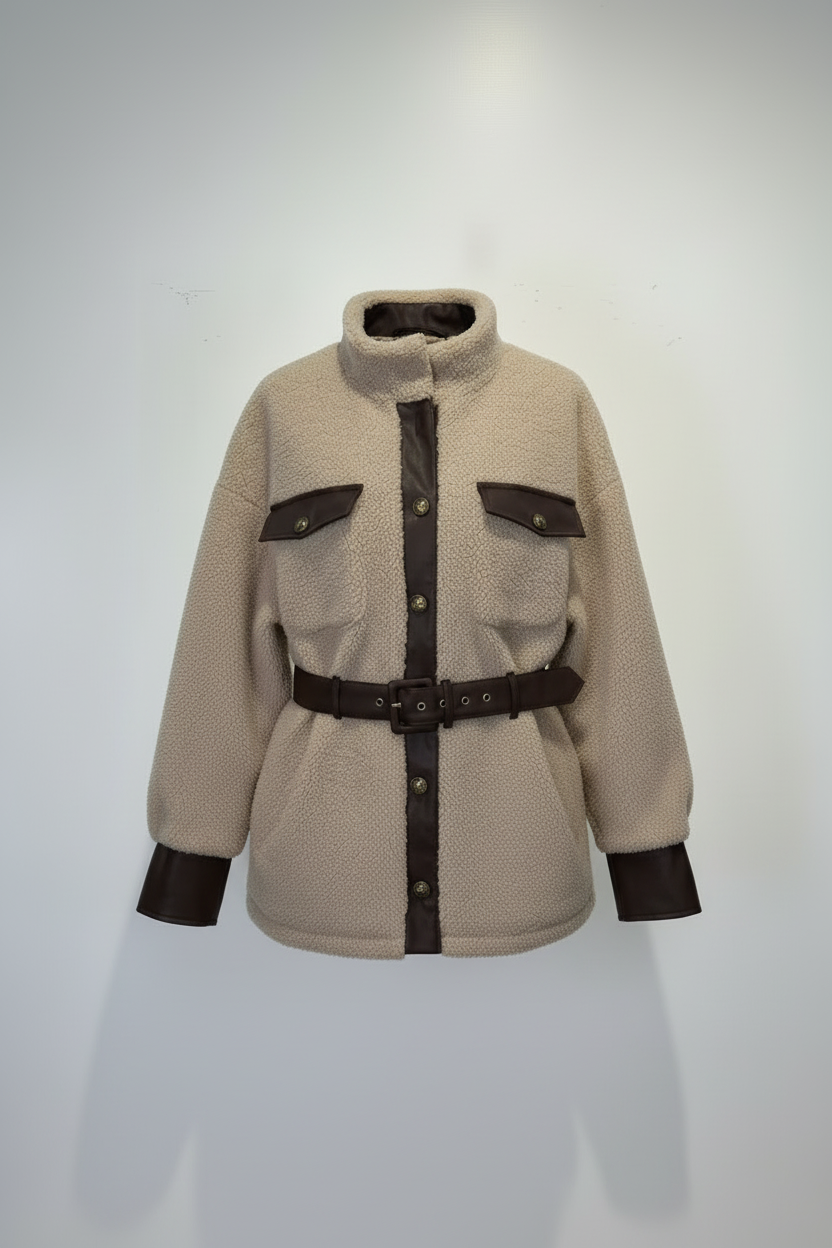 Leather Trim Sherpa Outerwear with Pockets