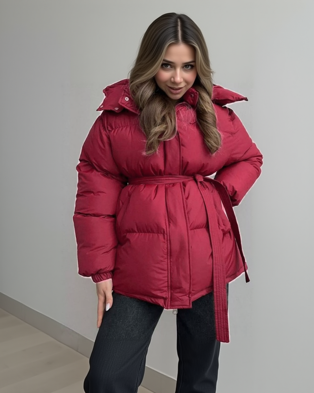 Mid-Length Thickened Hooded Winter Coat with Belted
