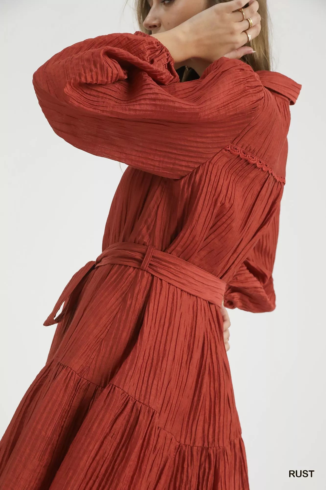 Crinkle Button-Front Tiered Mini Dress with Waist Tie.