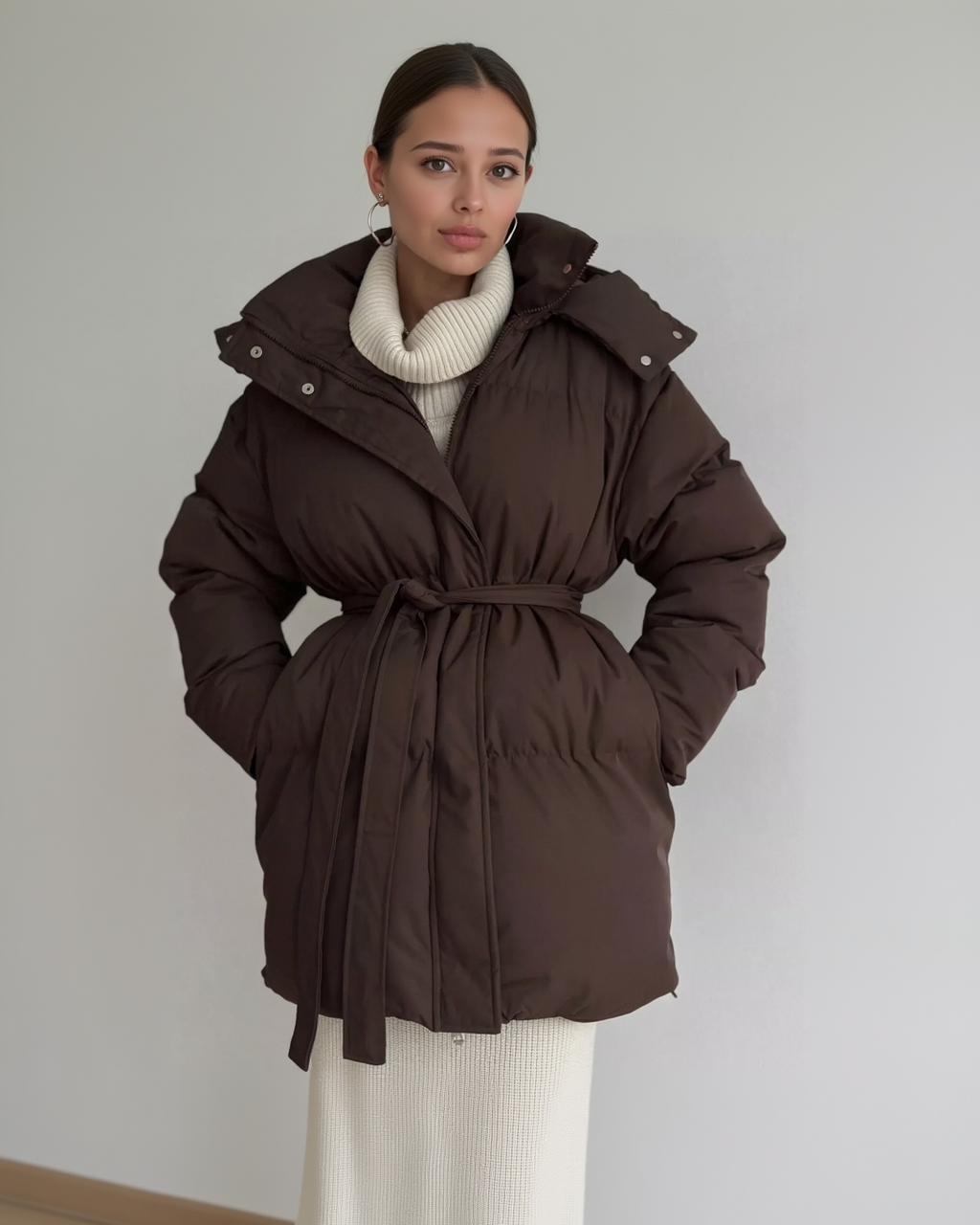 Mid-Length Thickened Hooded Winter Coat with Belted