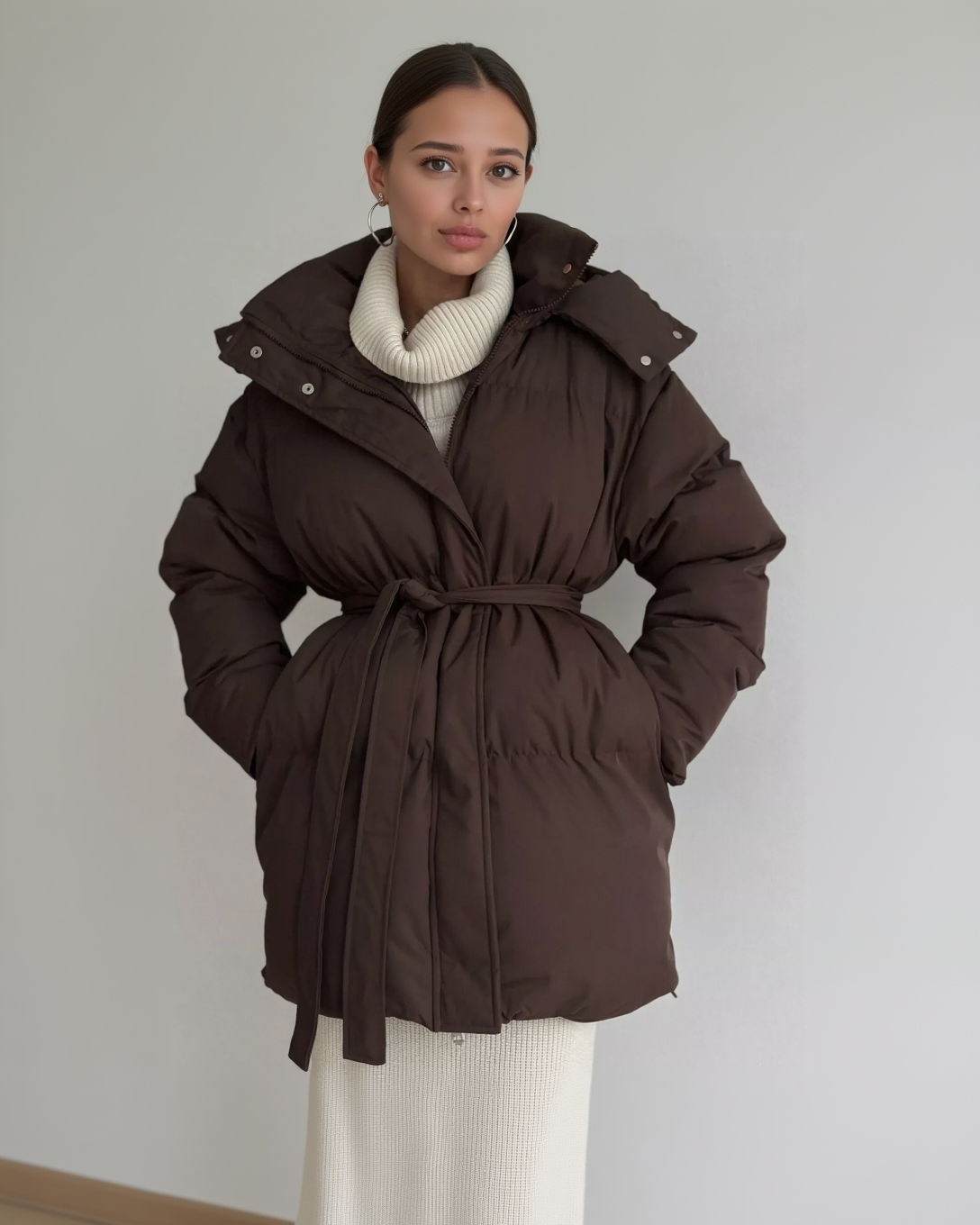 Mid-Length Thickened Hooded Winter Coat with Belted