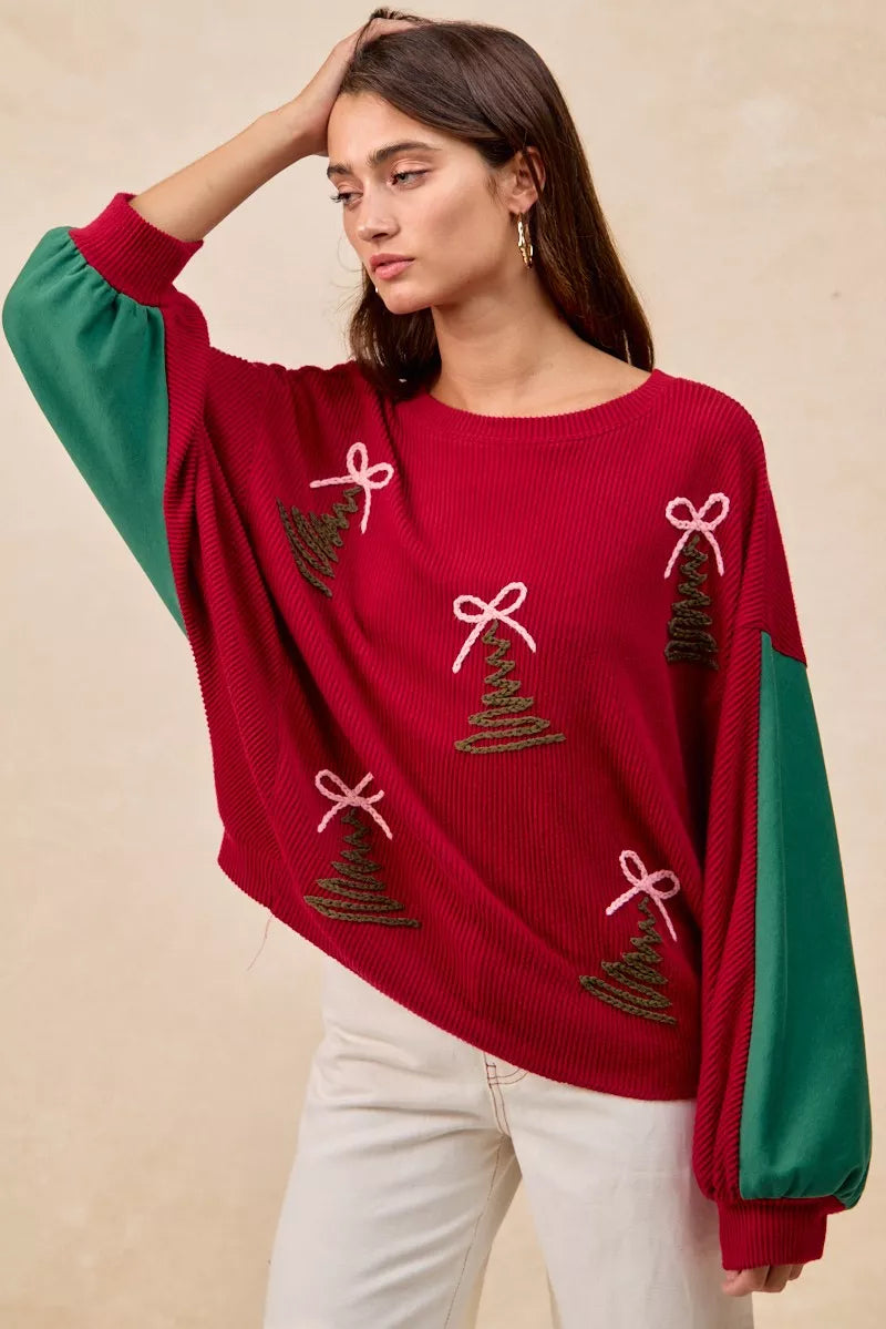 Christmas Theme Tree Embroidered Sweater.