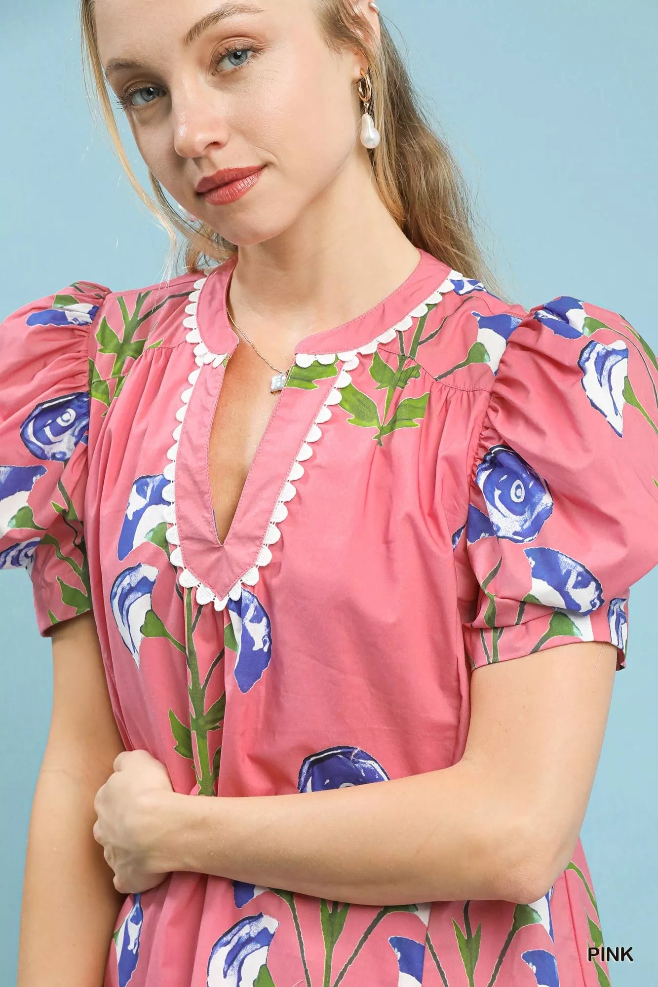 Floral Print Puff Sleeve Mini Dress with Scallop Trim.