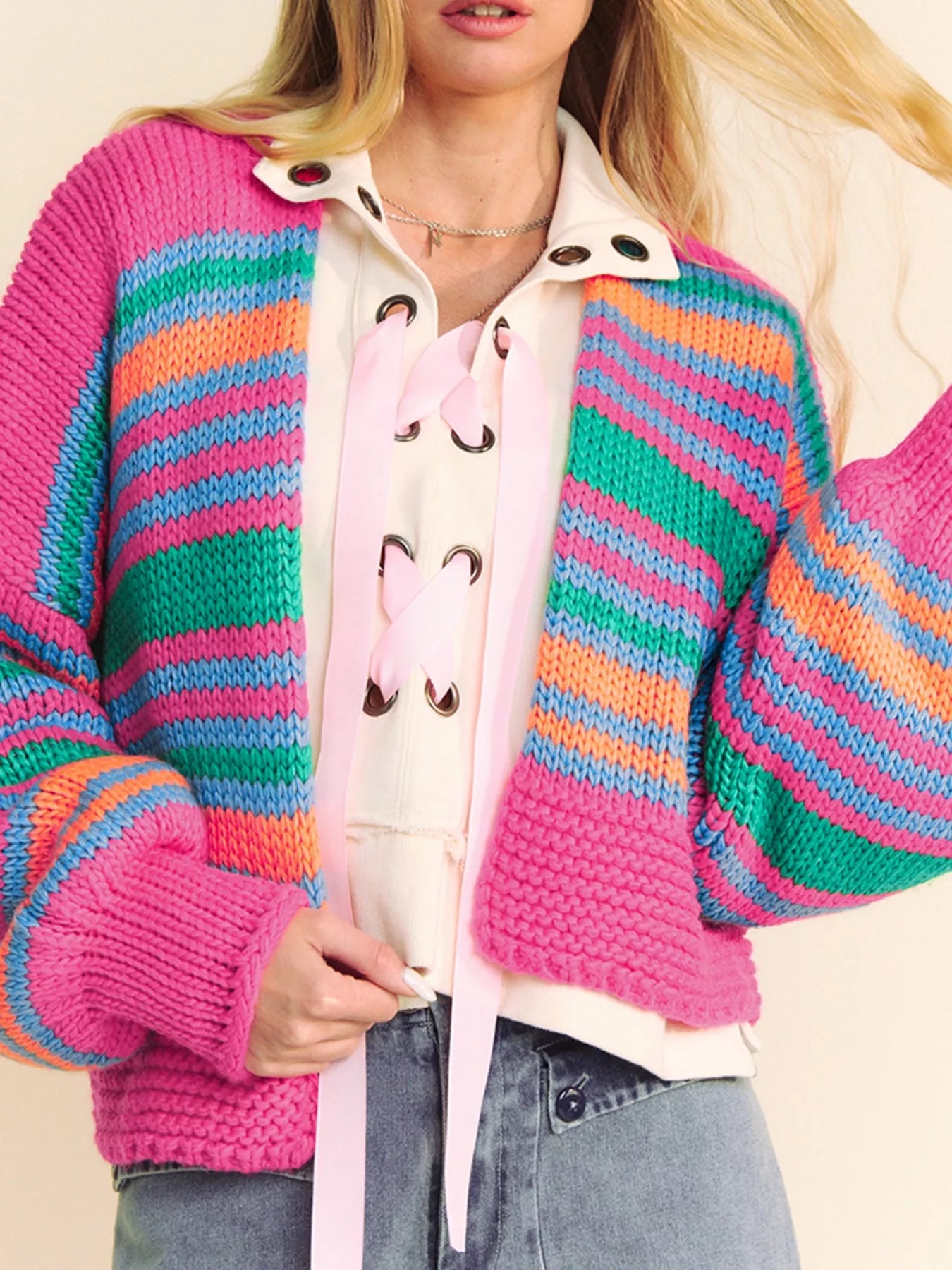 Stripe Colorful Puff Sleeve Drop Shoulder Loose Cardigan.