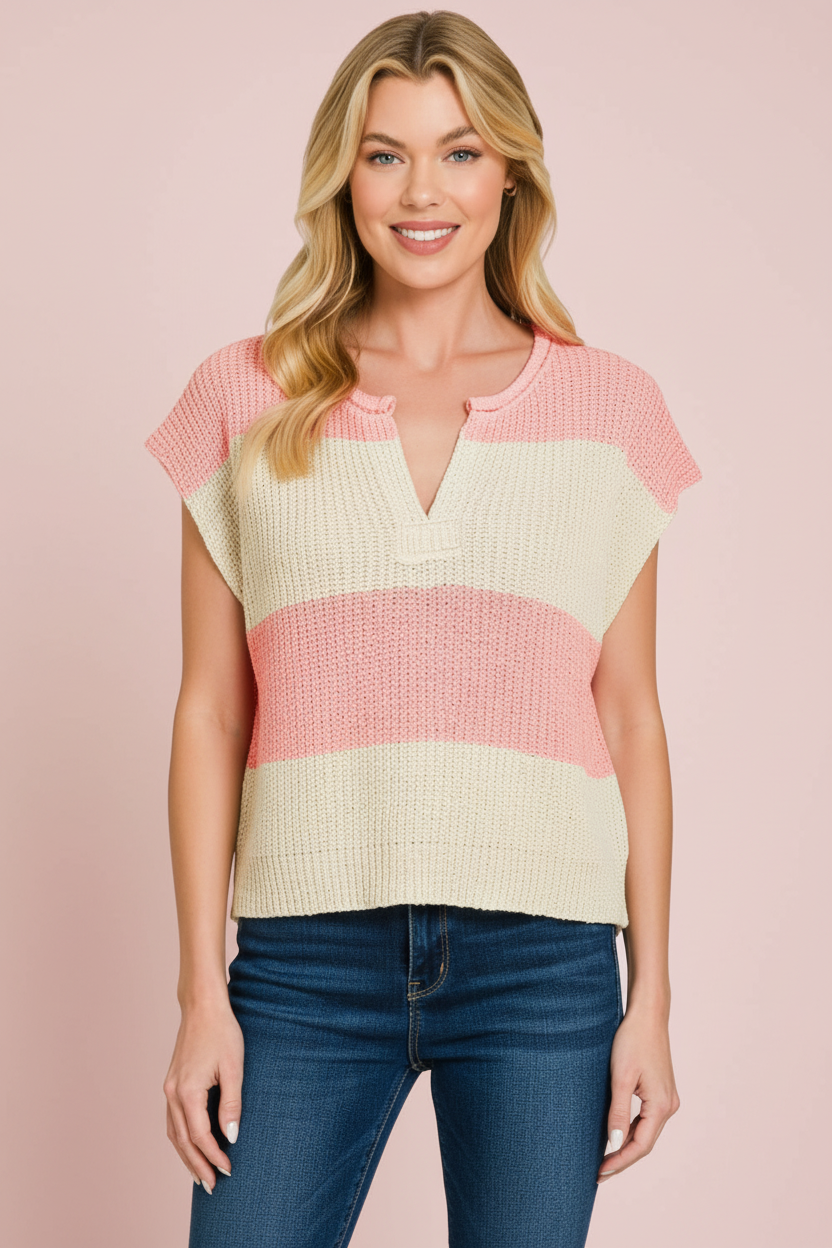 Split Neck Sleeveless Stripe Sweater