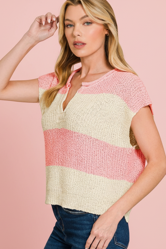 Split Neck Sleeveless Stripe Sweater