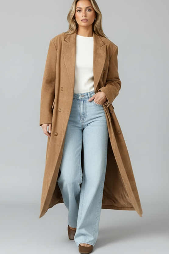 Double-Breasted Lapel Collar Long Coat