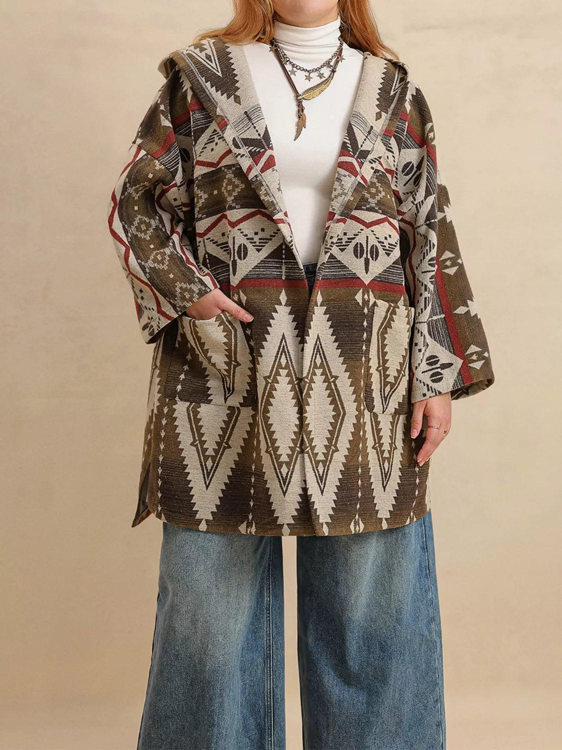 Plus Size Aztec Print Hooded Open Front Cardigan.