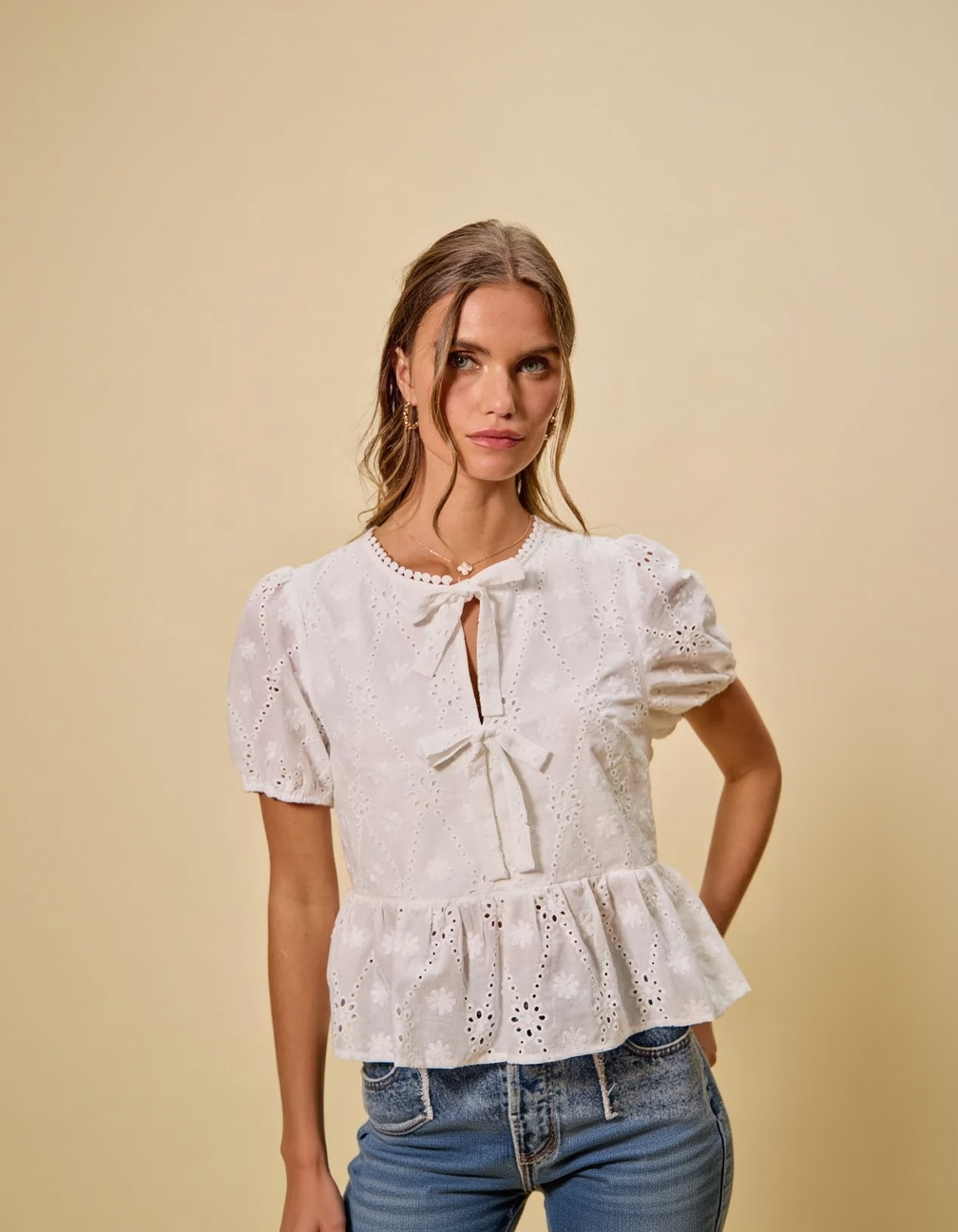 Cotton Eyelet Front Tie Short Sleeves Blouse
