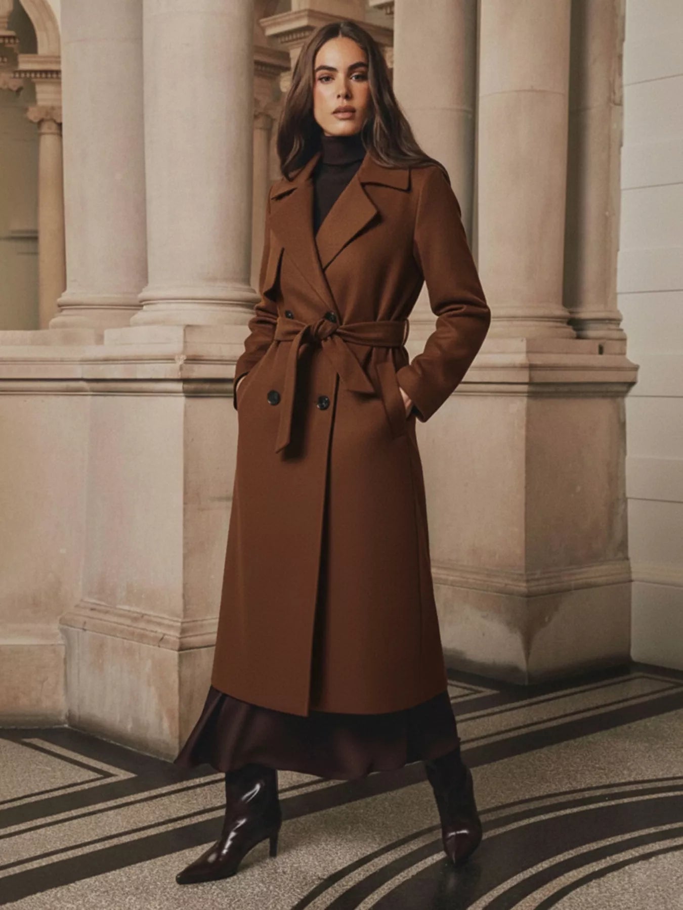 Lapel Collar Belted Wool-Blend Long Coat.