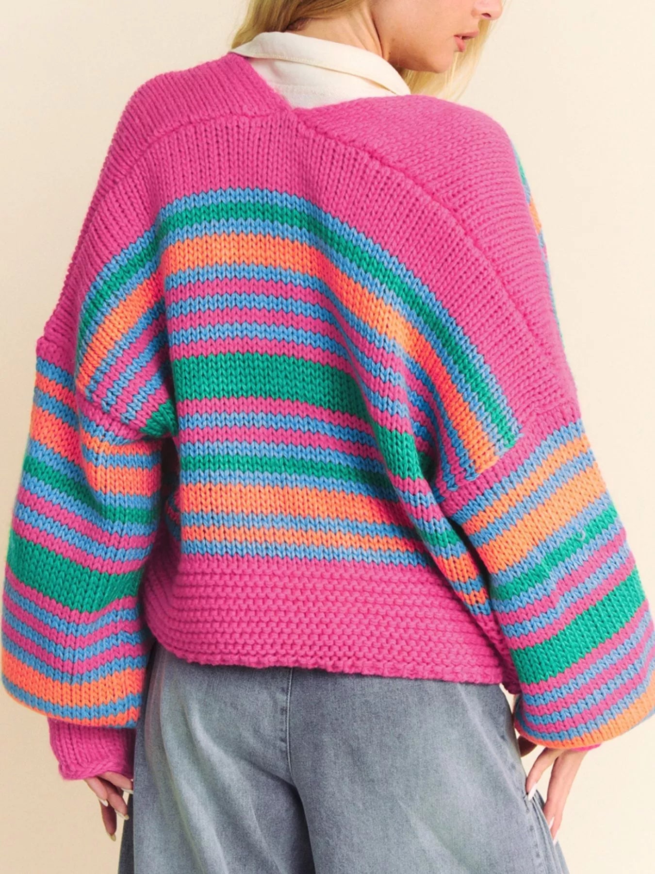 Stripe Colorful Puff Sleeve Drop Shoulder Loose Cardigan.