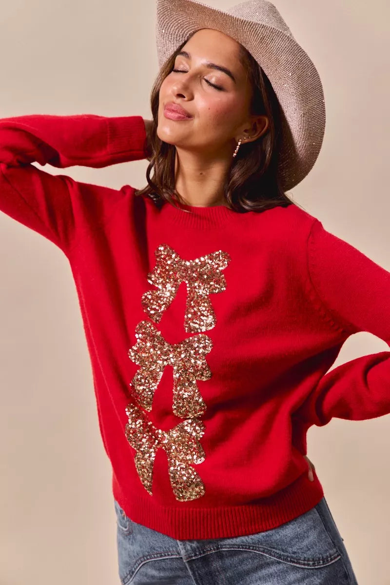 Sequins Bow Ribbon Embellished Christmas Sweater.