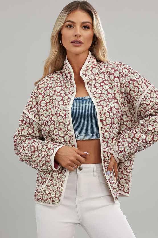 Floral Snap Down Mock Neck Coat
