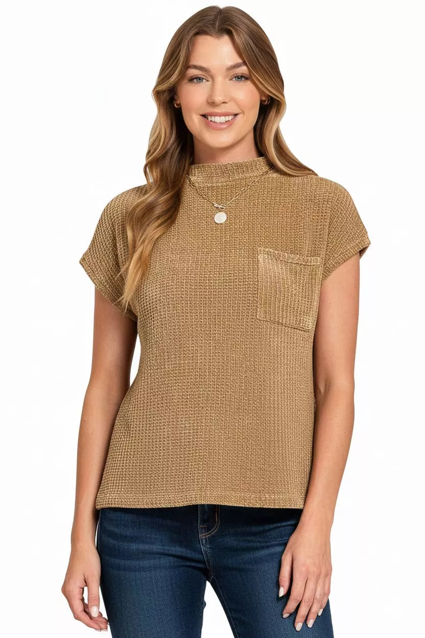 Chenille Waffle Short Sleeve Sweater.