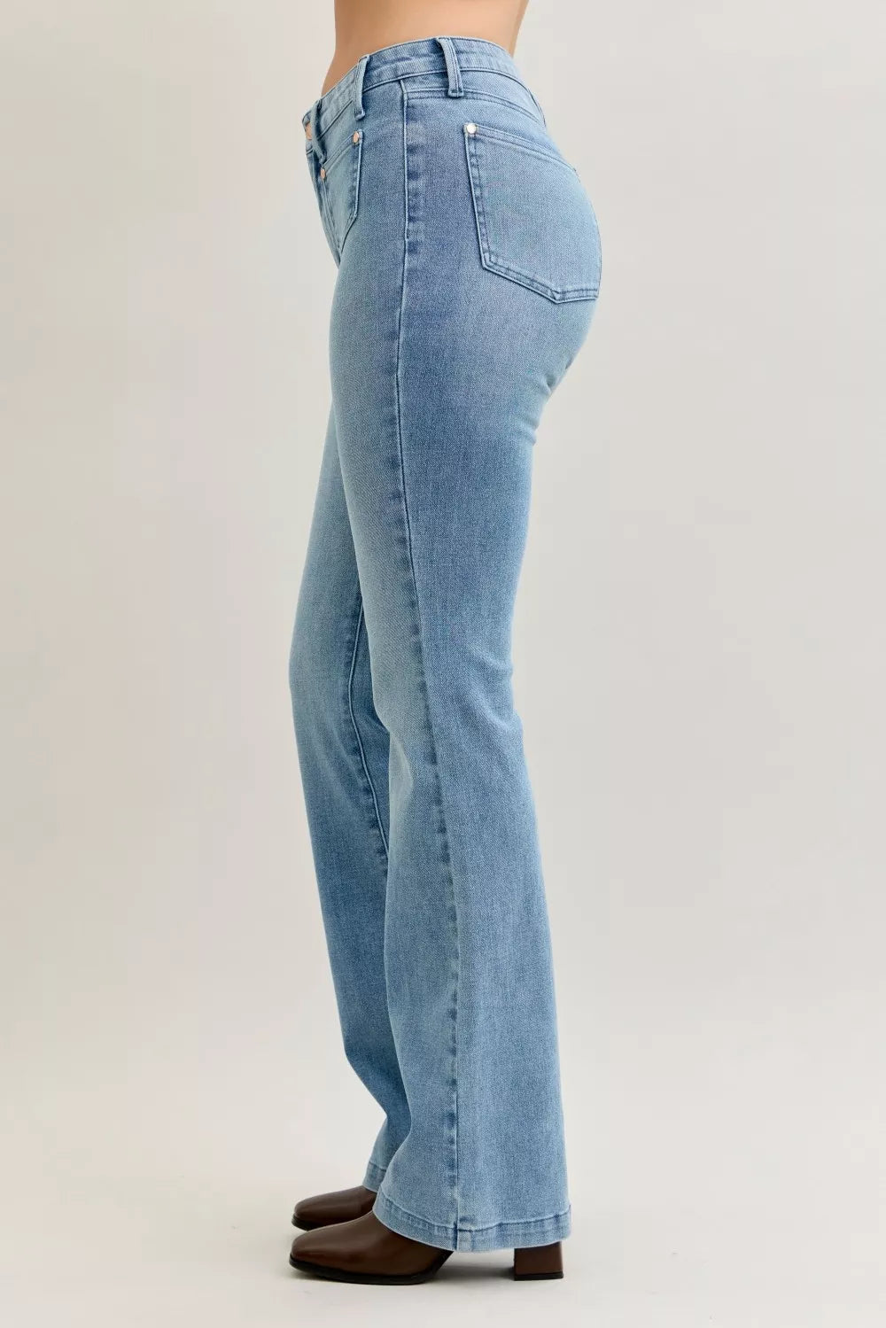 Judy Blue Full Size Mid Rise Bootcut Jeans with Contrast Wash & Front Patch Pockets Plus Size.