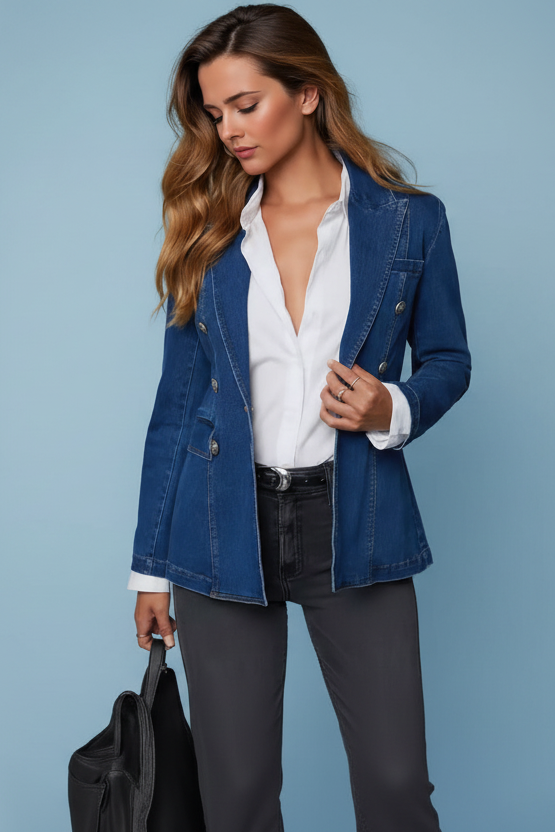 Collared Neck Long Sleeve Denim Jacket