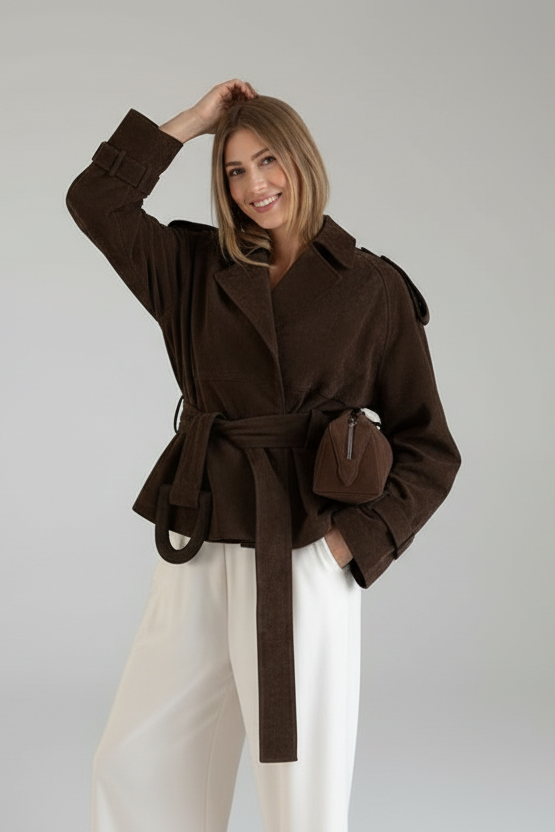 Lapel Collar Tie Waist Jacket