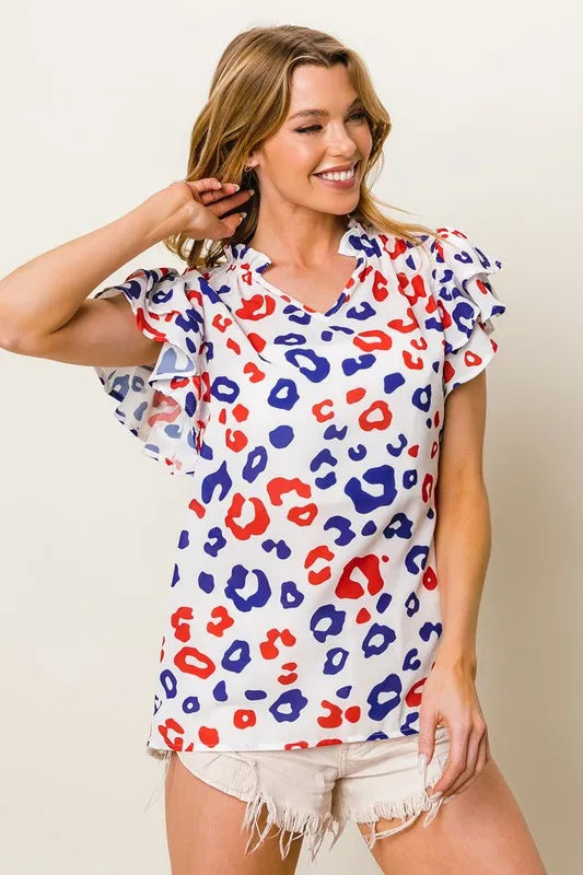 Leopard Notched Ruffled Cap Sleeve Blouse.