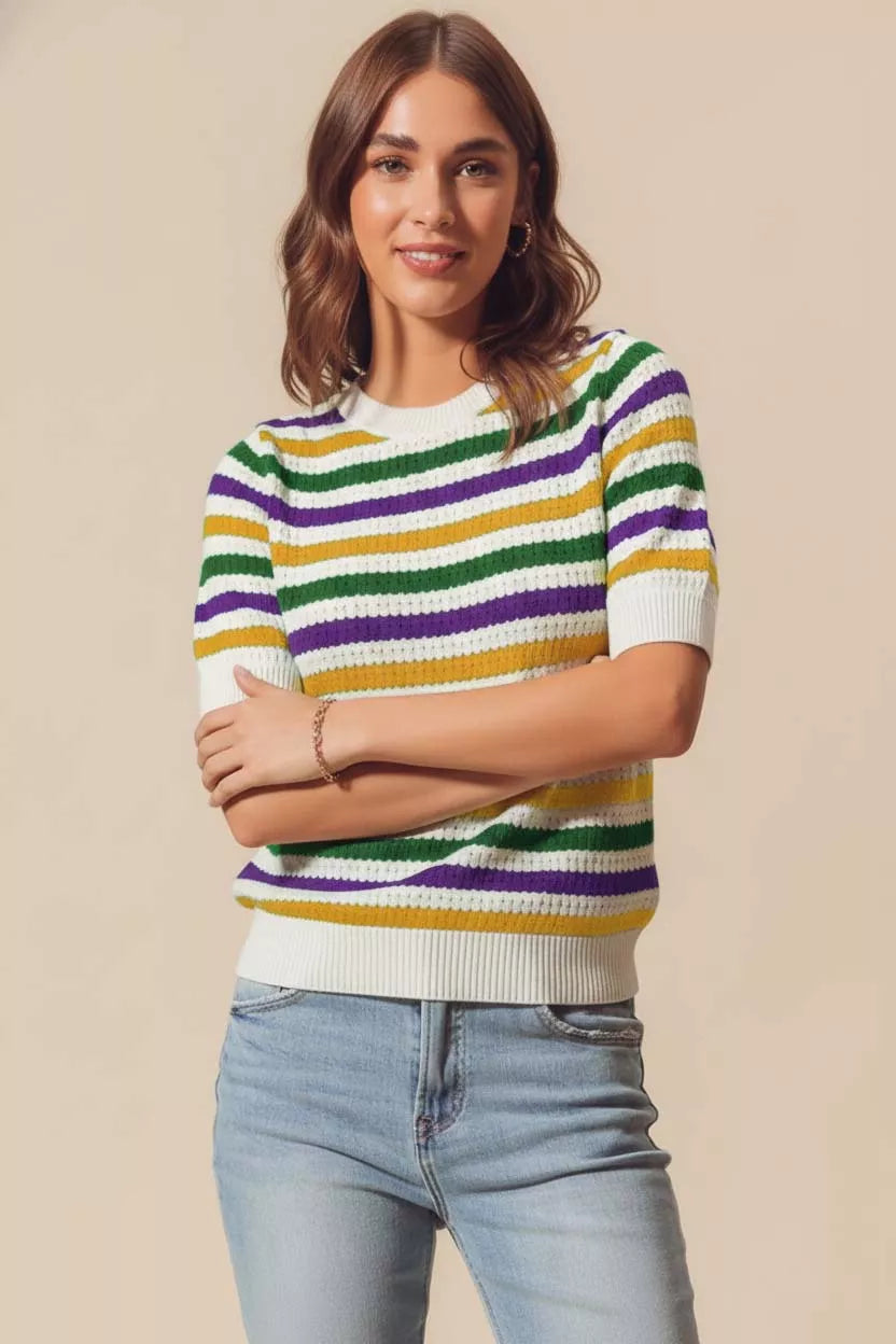 Mardi Gras Crew Neck Stripe Breathable Sweater.