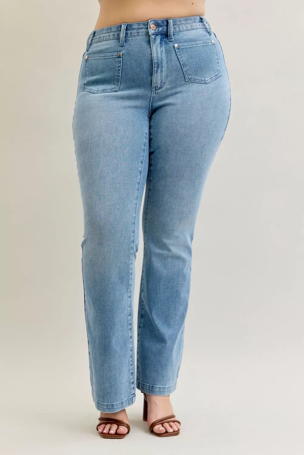 Judy Blue Full Size Mid Rise Bootcut Jeans with Contrast Wash & Front Patch Pockets Plus Size.