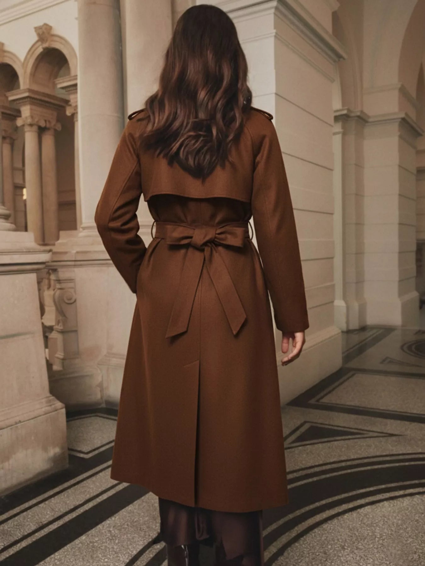 Lapel Collar Belted Wool-Blend Long Coat.
