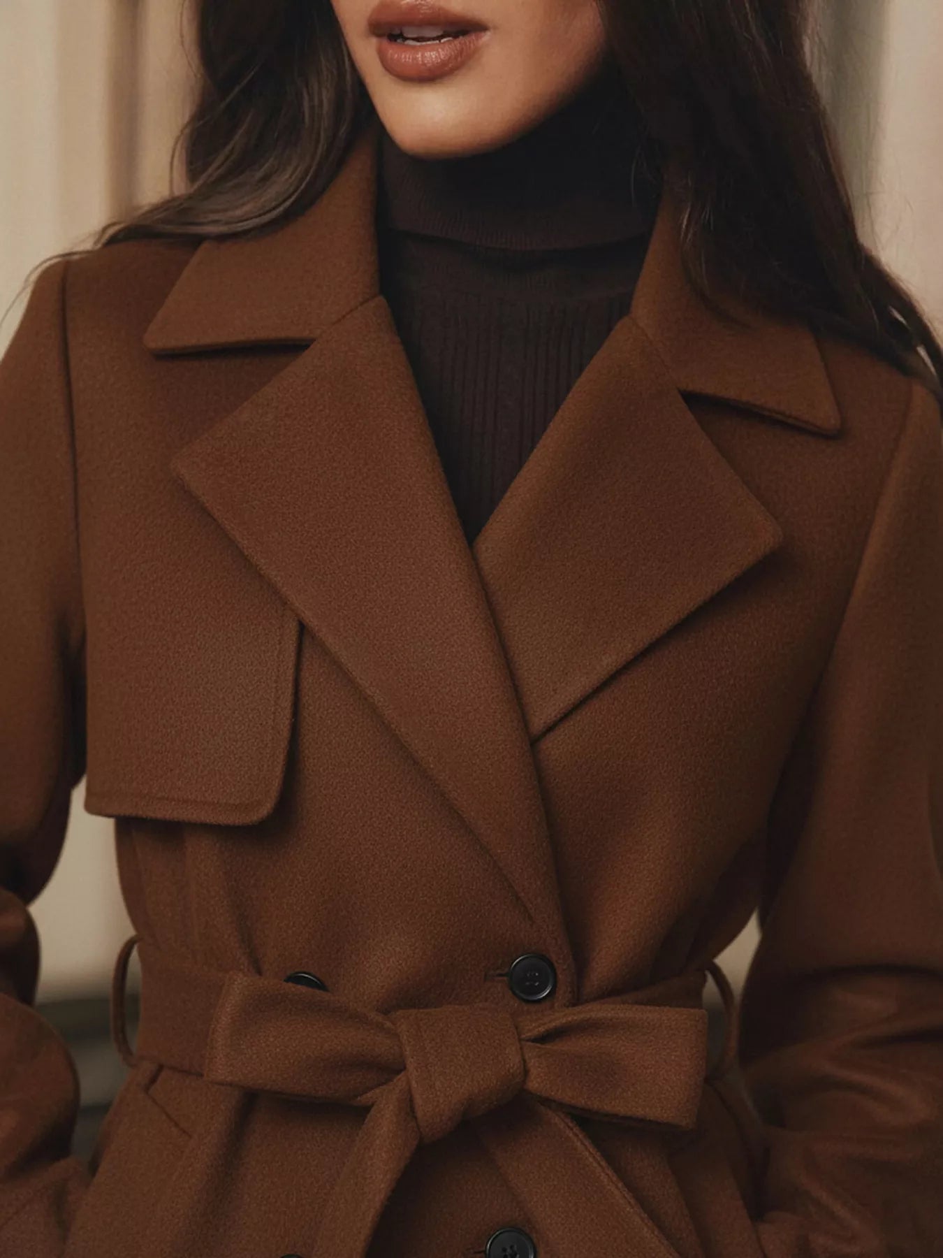 Lapel Collar Belted Wool-Blend Long Coat.